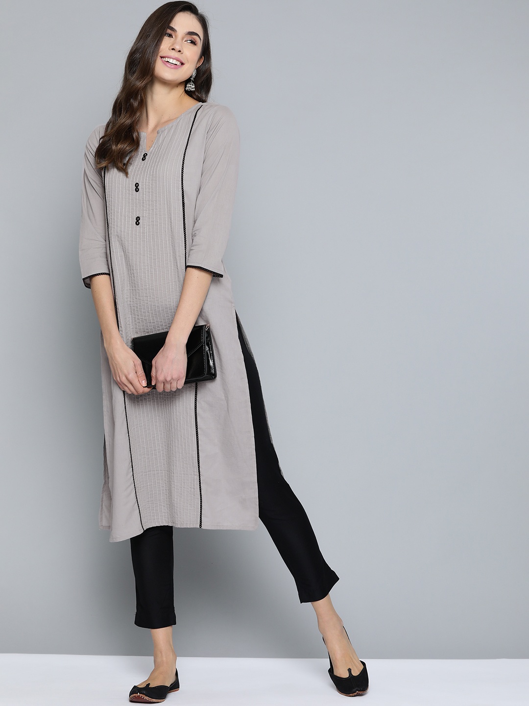

HERE&NOW Women Grey Solid Straight Kurta