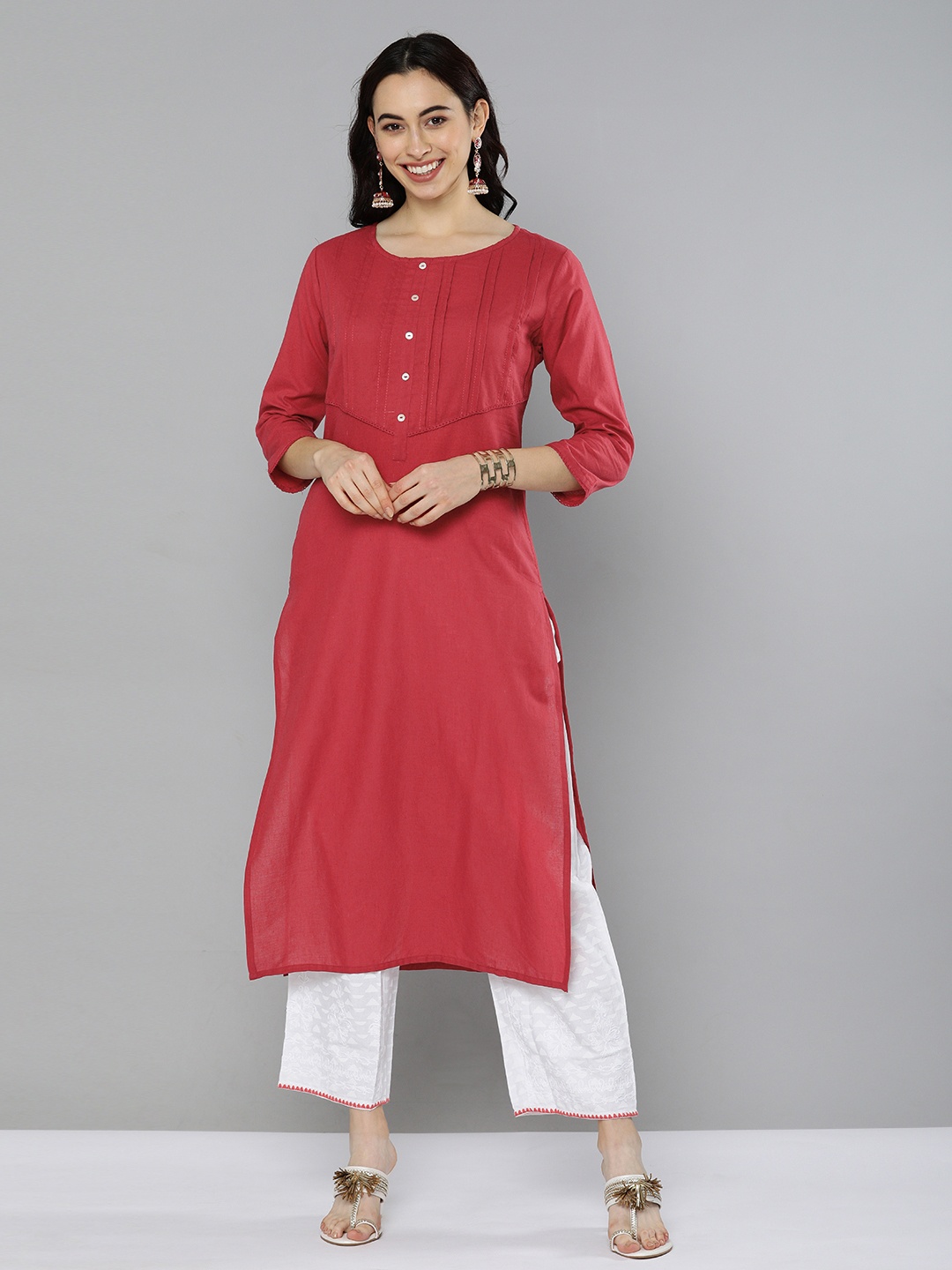 

HERE&NOW Women Rust Red Solid Pintuck Straight Kurta with s