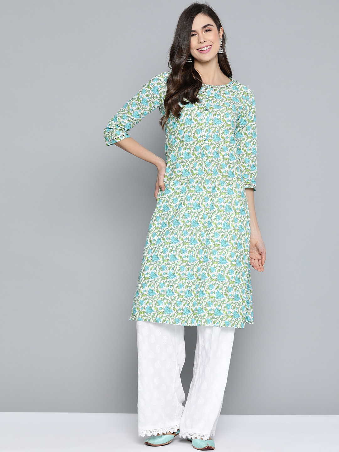 

HERE&NOW Women White & Green Printed Pure Cotton Straight Kurta