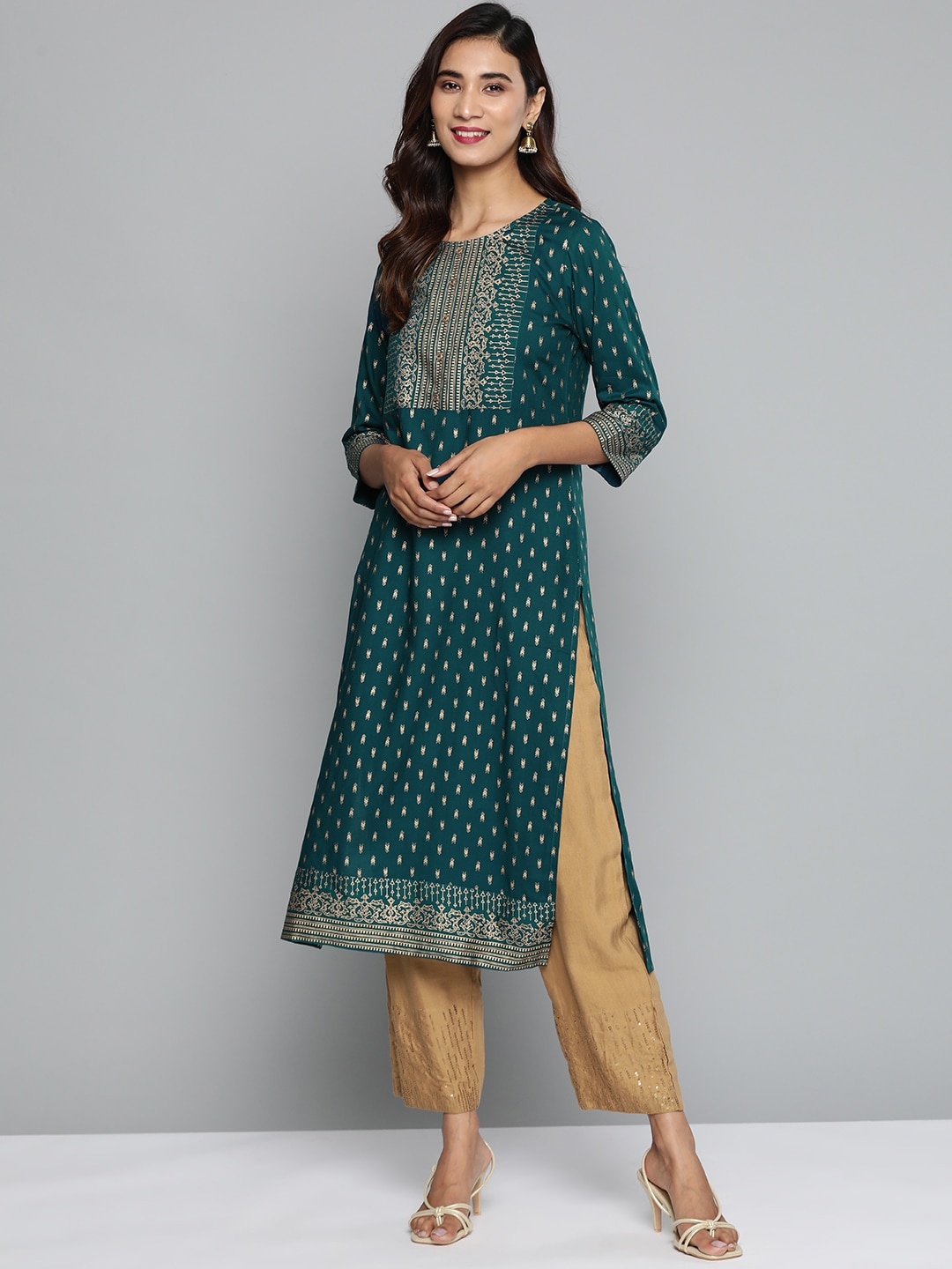 

HERE&NOW Women Teal Green & Golden Printed Straight Kurta