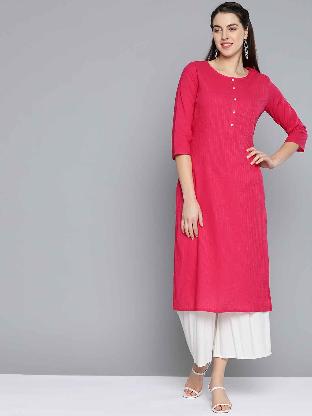 

HERE&NOW Women Fuchsia Self-Striped Straight Kurta