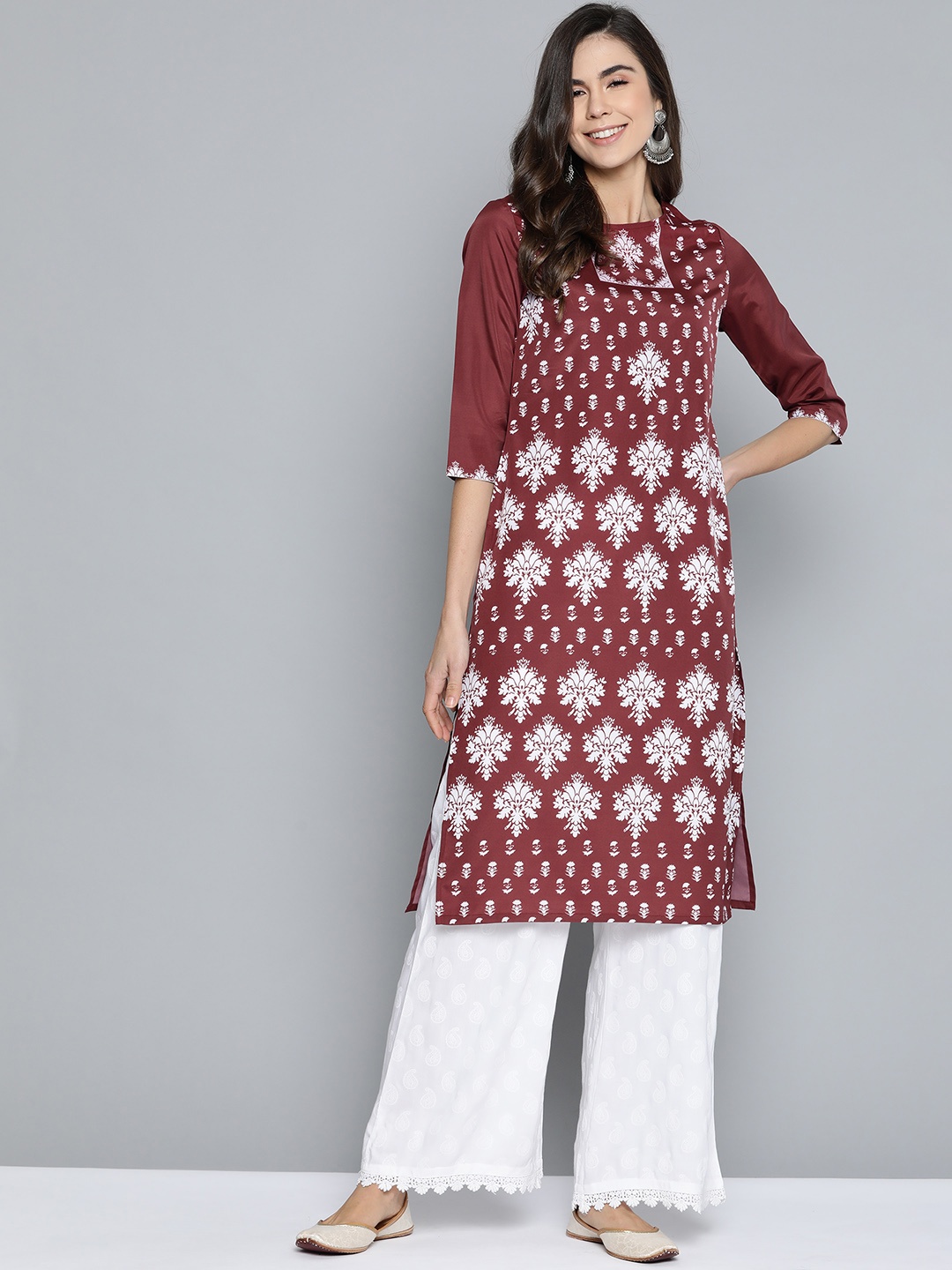 

HERE&NOW Women Burgundy & White Printed Straight Kurta