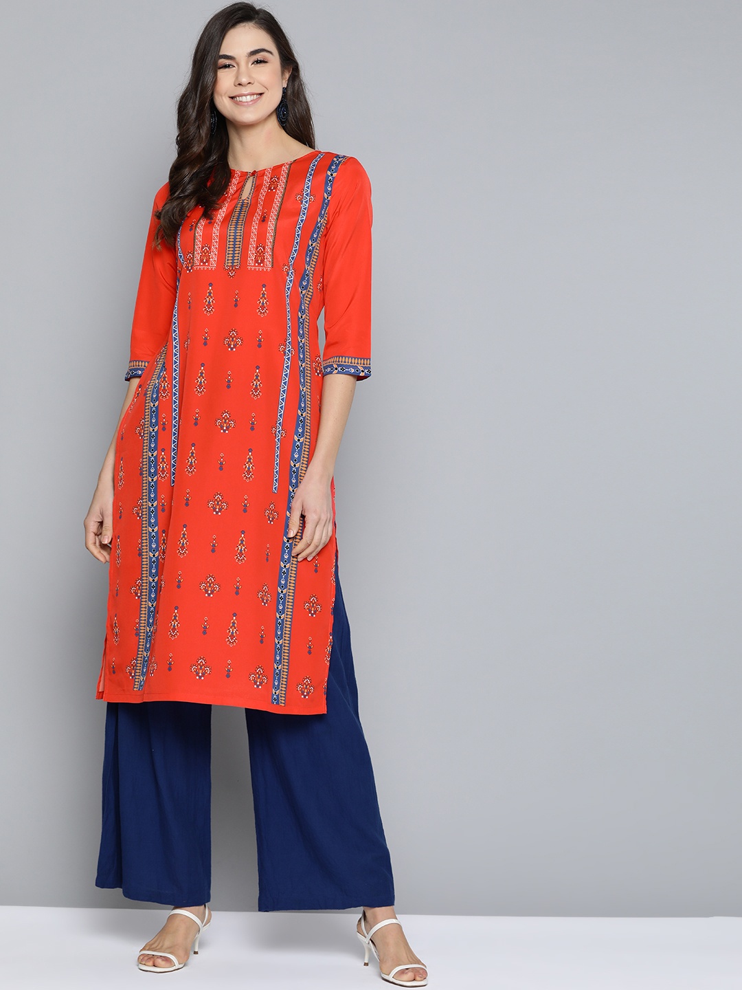 

HERE&NOW Women Orange & Navy Blue Ethnic Motif Printed Straight Kurta