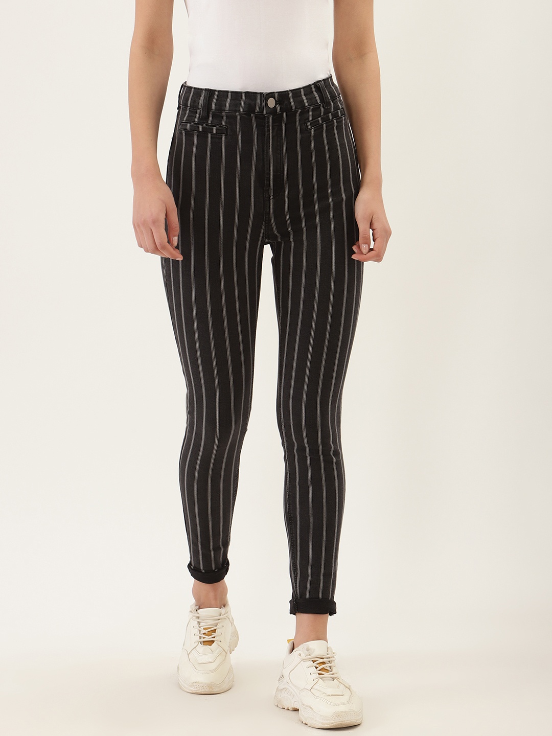 

Malachi Women Black & White Skinny Fit High-Rise Clean Look Striped Stretchable Jeans