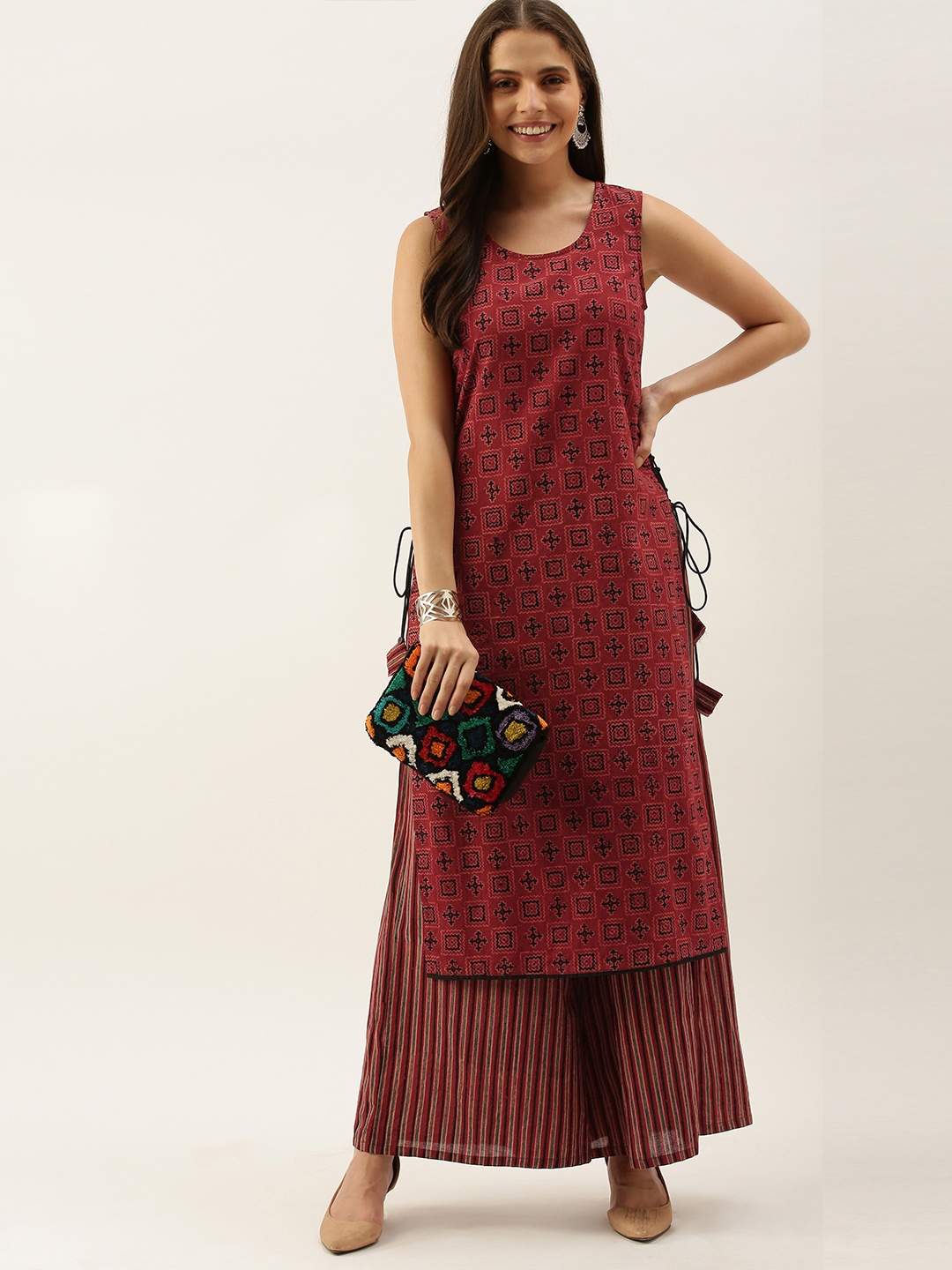 

Taavi Women Maroon & Black Ajrakh Hand Block Printed Kurta Sets With Side Tie Ups
