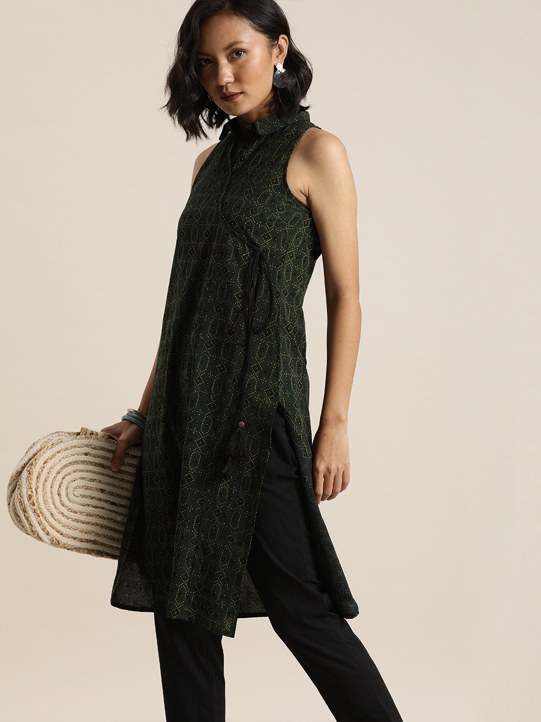 

Taavi Women Green & Yellow Ajrakh Hand Block Print Pure Cotton Sustainable Angrakha Kurta