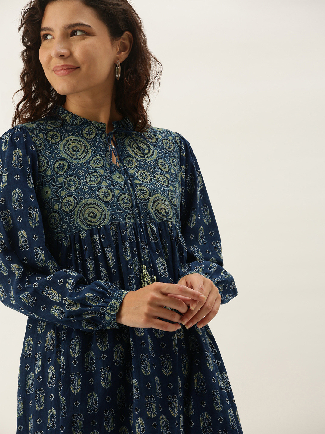 

Taavi Women Navy & Green Ajrakh Hand Block Print Sustainable A-Line Kurta with Gathers, Navy blue