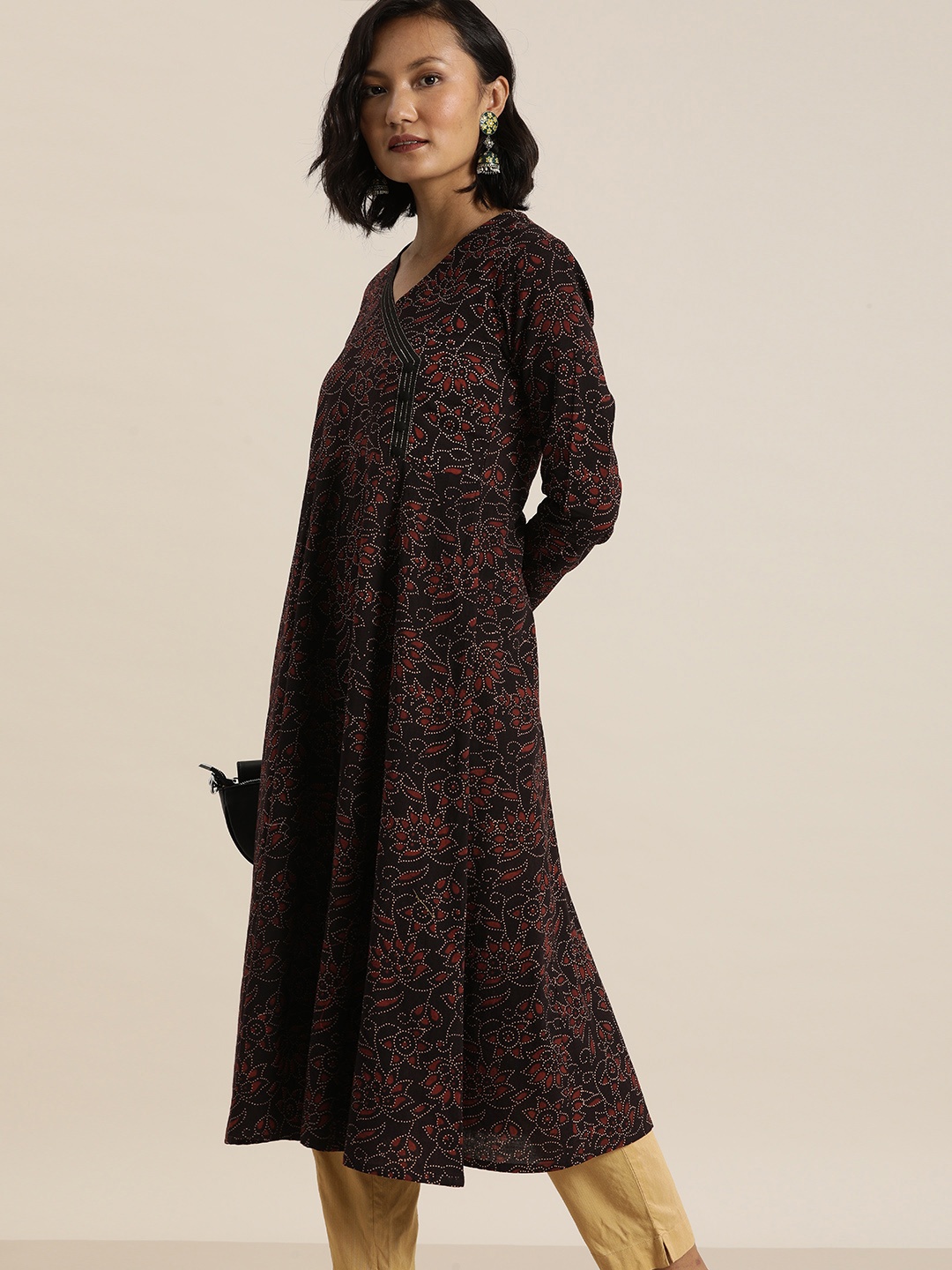 

Taavi Women Black & Red Ajrakh Hand Block Print Sustainable Angrakha Anarkali Kurta