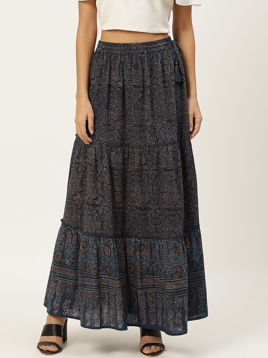

Taavi Women Navy Blue Ajrakh Hand Block Print Pure Cotton Sustainable Tiered Skirt