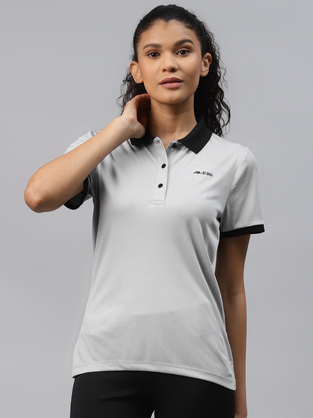 

Alcis Women Grey Solid Polo Collar Slim Fit T-shirt