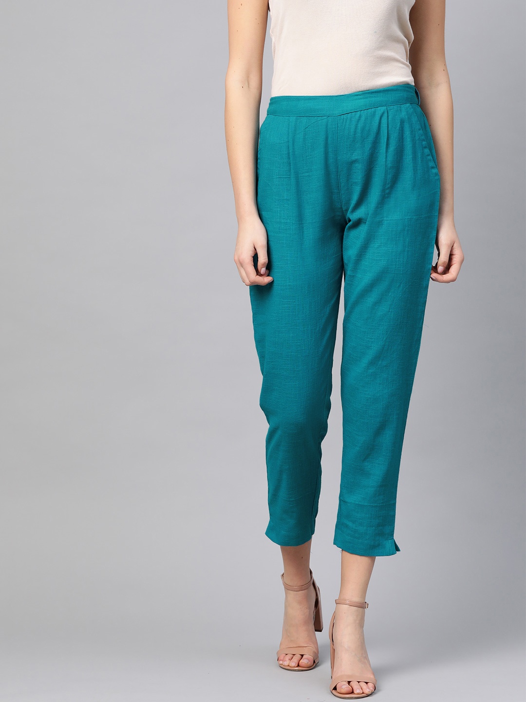 

YASH GALLERY Women Blue Regular Fit Solid Cotton Cropped Regular Trousers