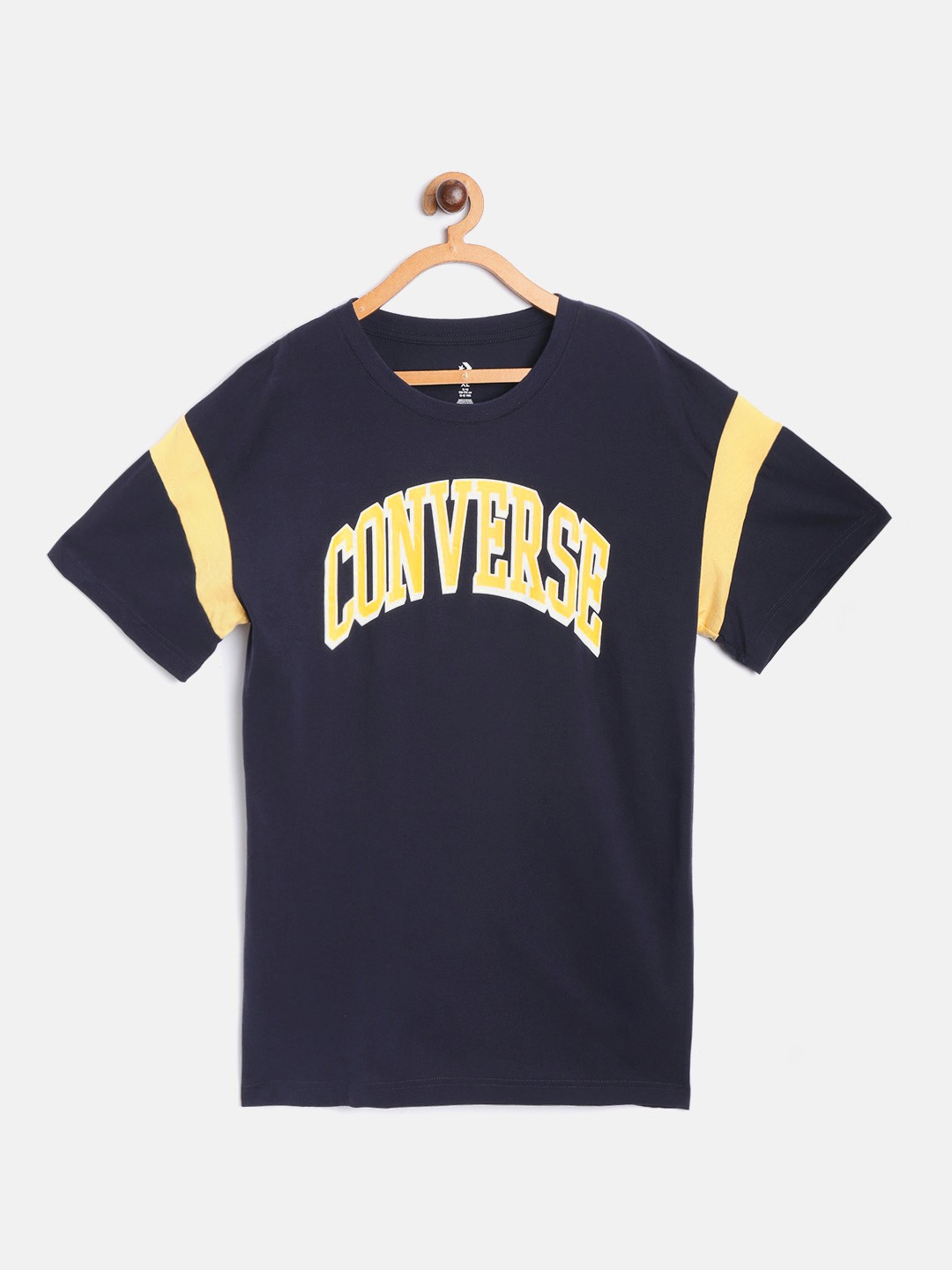 

Converse Boys Navy Blue & Yellow Pure Cotton Brand Logo Print Round Neck T-shirt