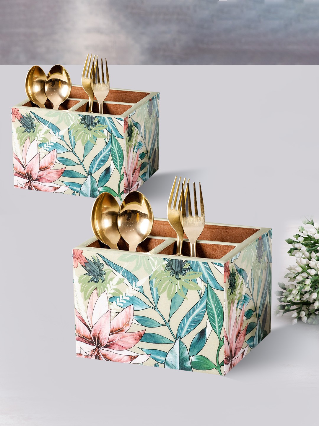 

nestroots Cream-Coloured & Green Set of 2 Printed Wooden Cutlery Holder