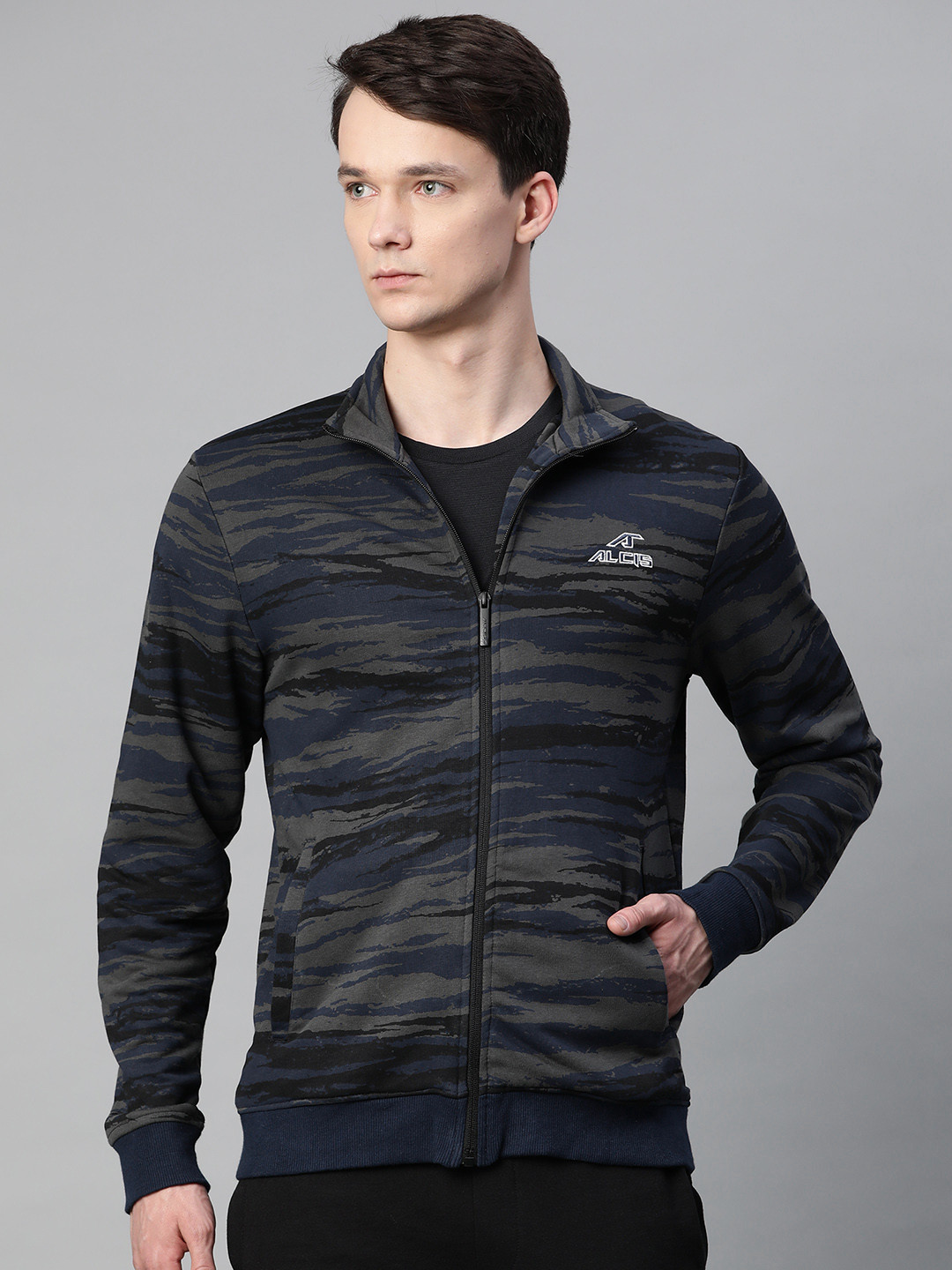 

Alcis Men Navy Blue & Charcoal Grey Printed Front-Open Sweatshirt