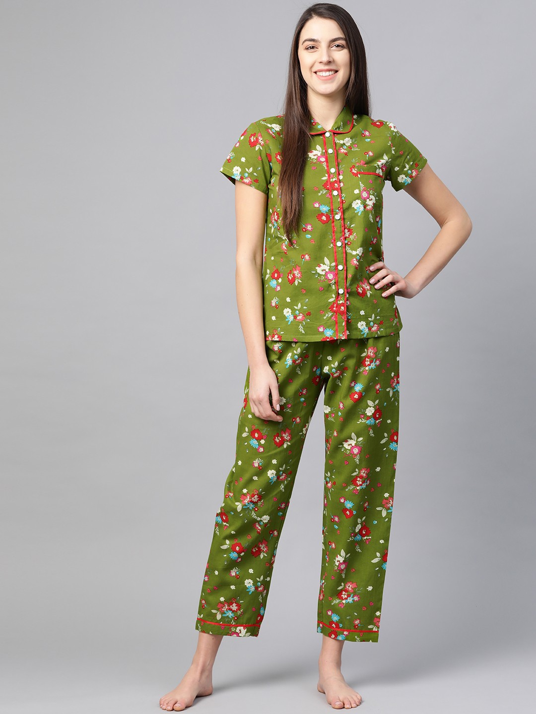 

YASH GALLERY Women Green & Red Floral Printed Night Suit
