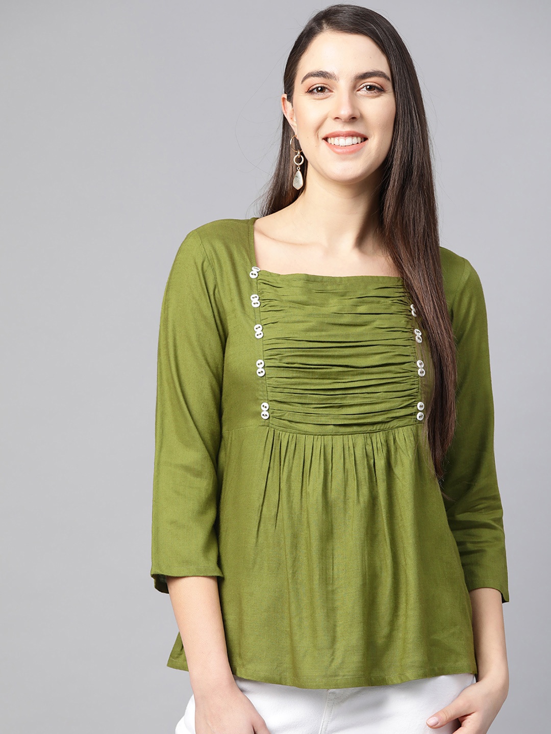 

YASH GALLERY Women Olive Green Pleated A-Line Top