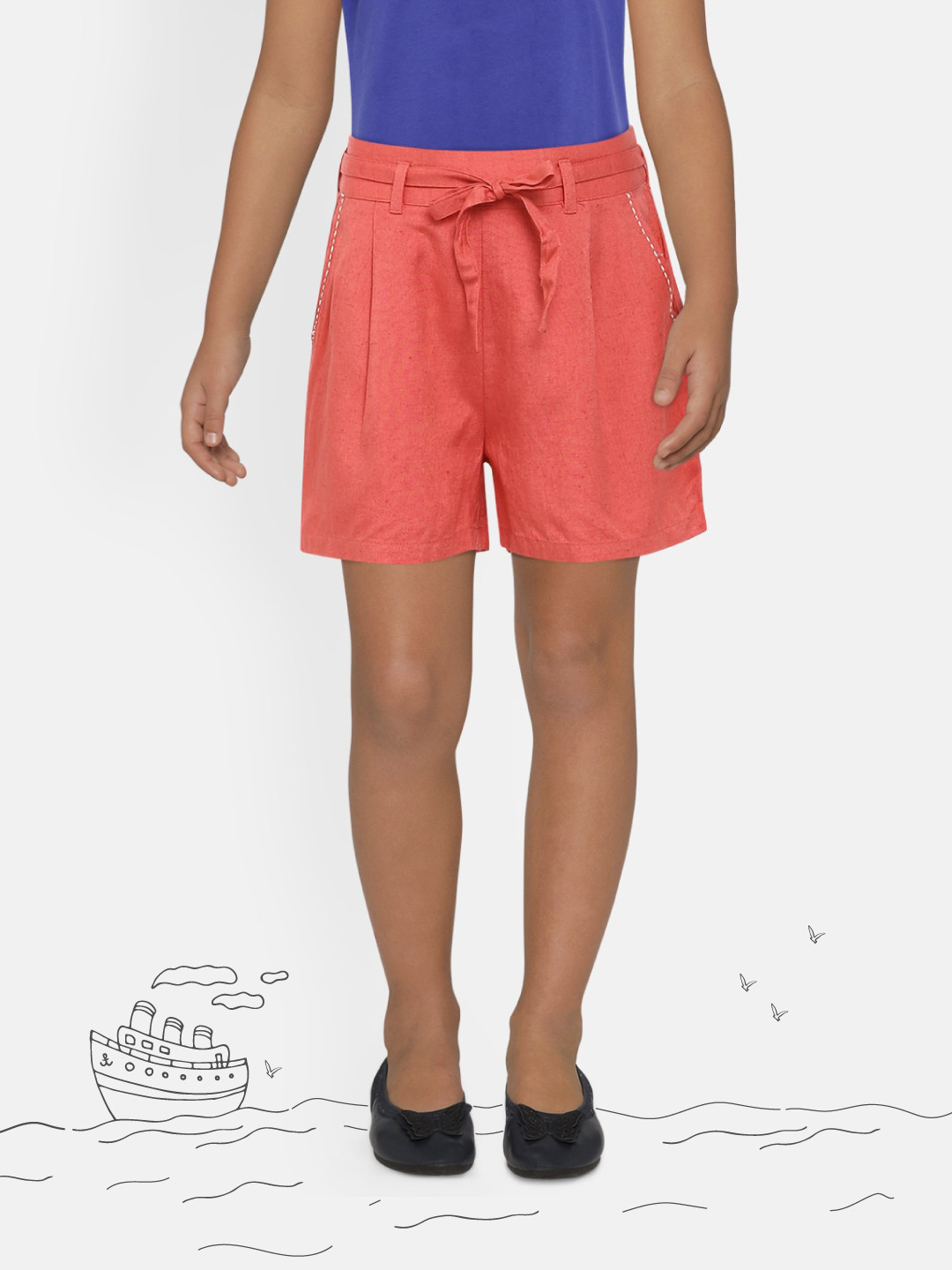 

Global Desi Girls Coral Solid Loose Fit Regular Shorts