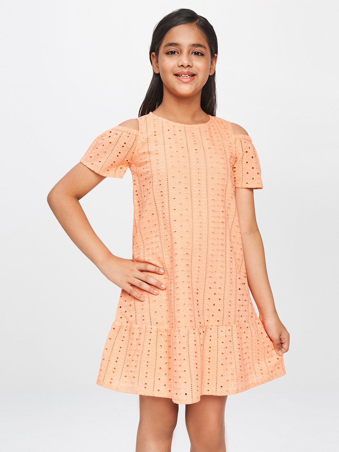 

Global Desi Peach Schiffli Cotton A-Line Dress