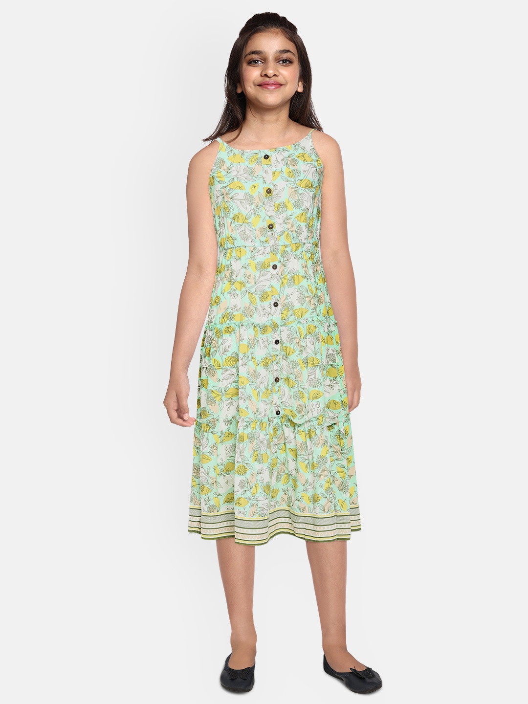 

Global Desi Girls Off-White & Green Printed Maxi Dress