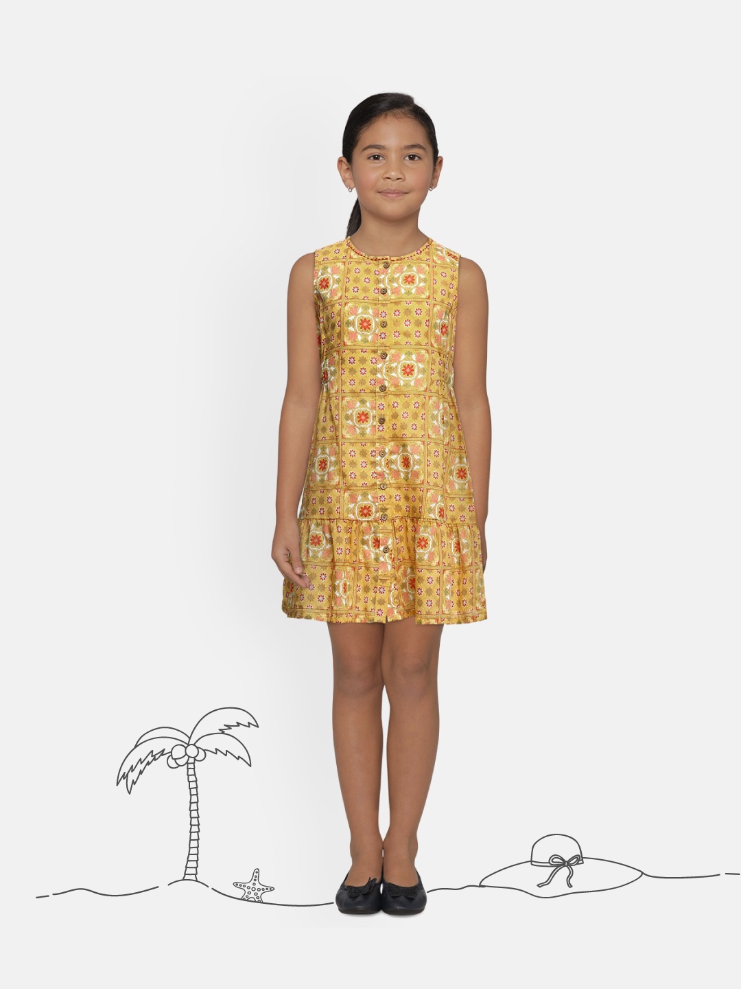 

Global Desi Girls Yellow Printed A-Line Pure Cotton Dress