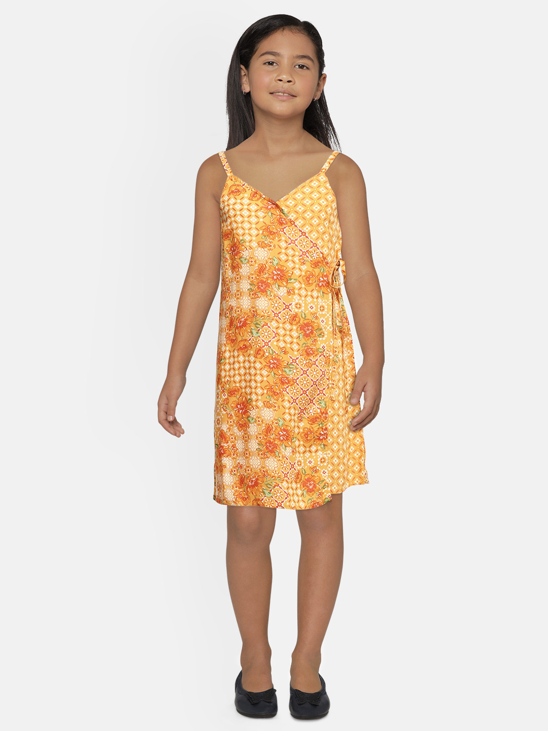 

Global Desi Girls Orange Printed Wrap Dress