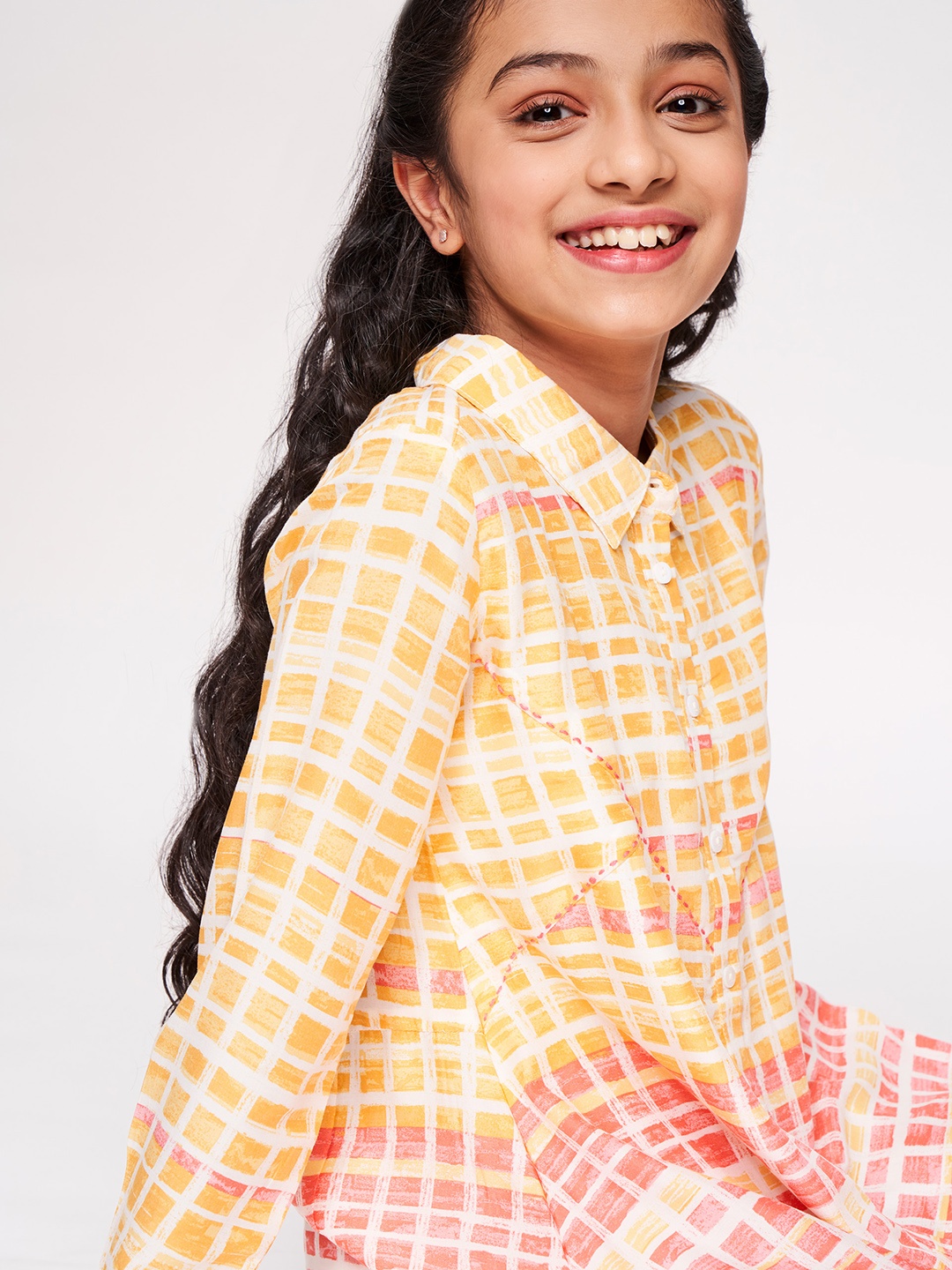 

Global Desi Girls Yellow & Pink Checked Shirt Style Dress