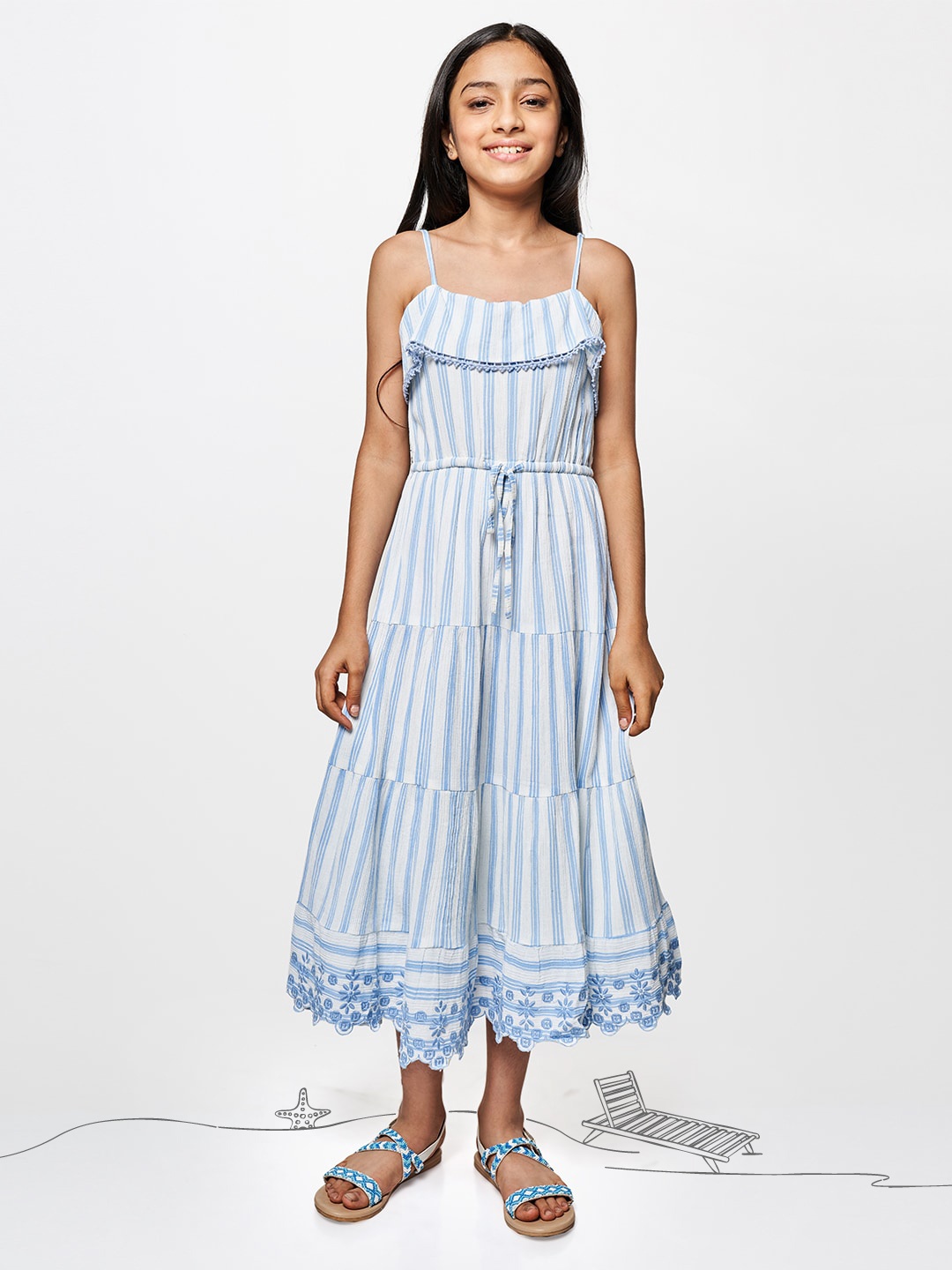 

Global Desi White & Blue Striped Cotton Tiered A-Line Midi Dress
