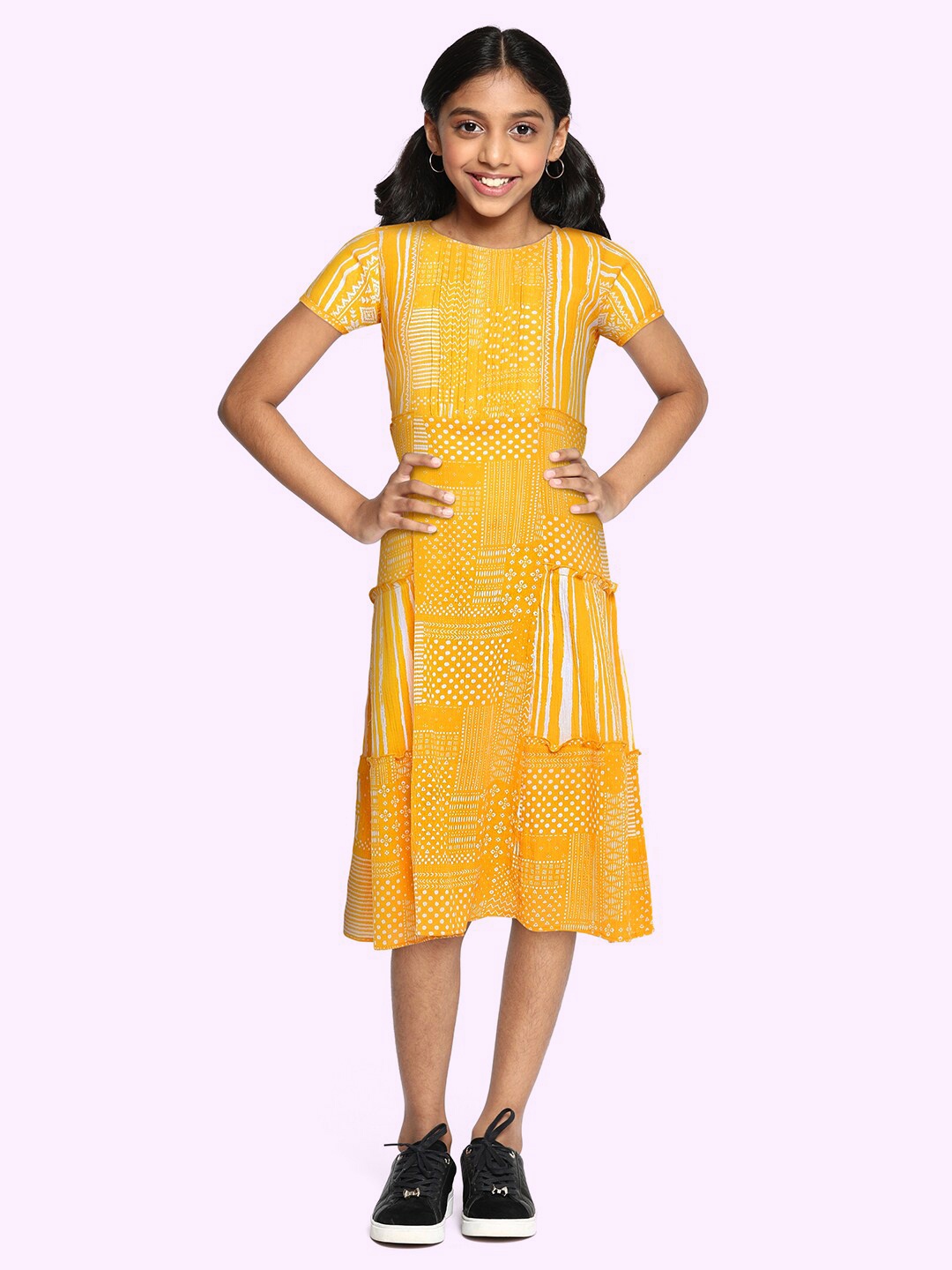 

Global Desi Girls Mustard Yellow Pure Cotton Fit & Flare Midi Dress