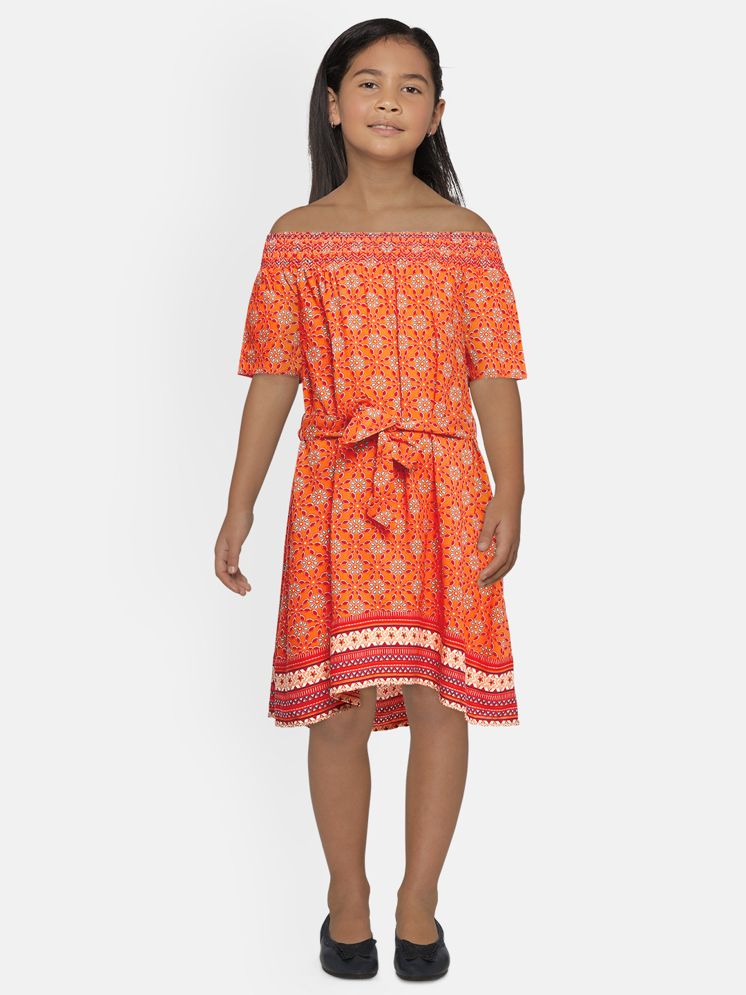 

Global Desi Girls Orange Printed A-Line Dress