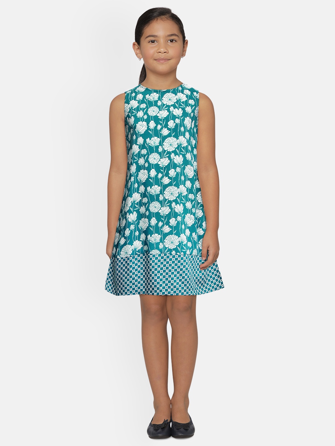 

Global Desi Girls Teal Blue Printed A-Line Dress