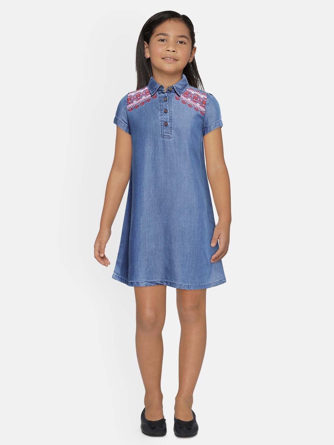 

Global Desi Girls Blue Embroidered A-Line Denim Dress