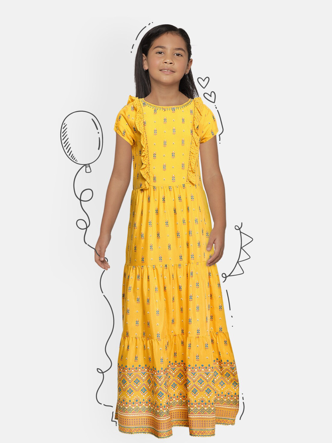 

Global Desi Girls Yellow Printed Maxi Dress
