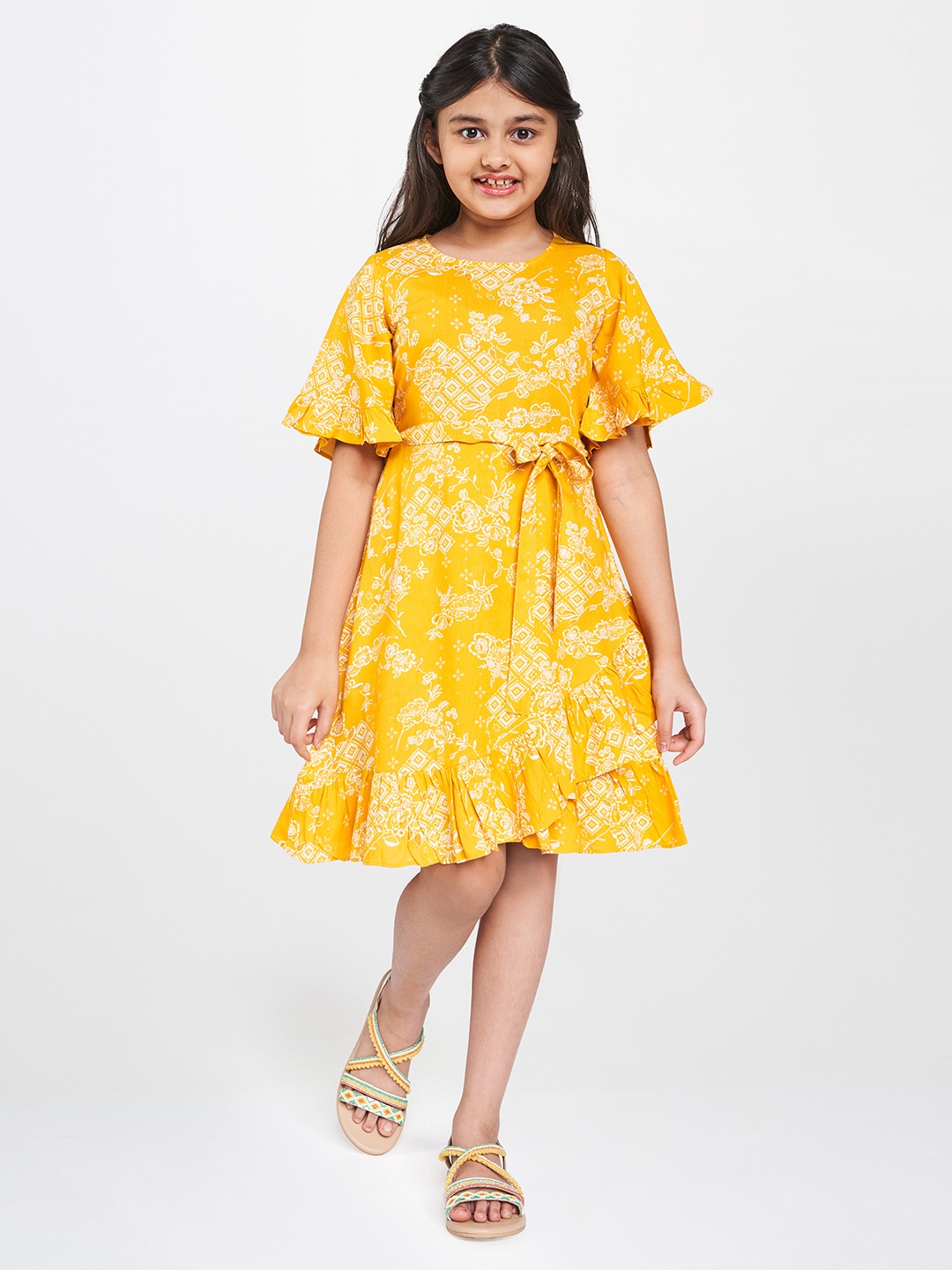 

Global Desi Yellow & White Floral Cotton A-Line Dress