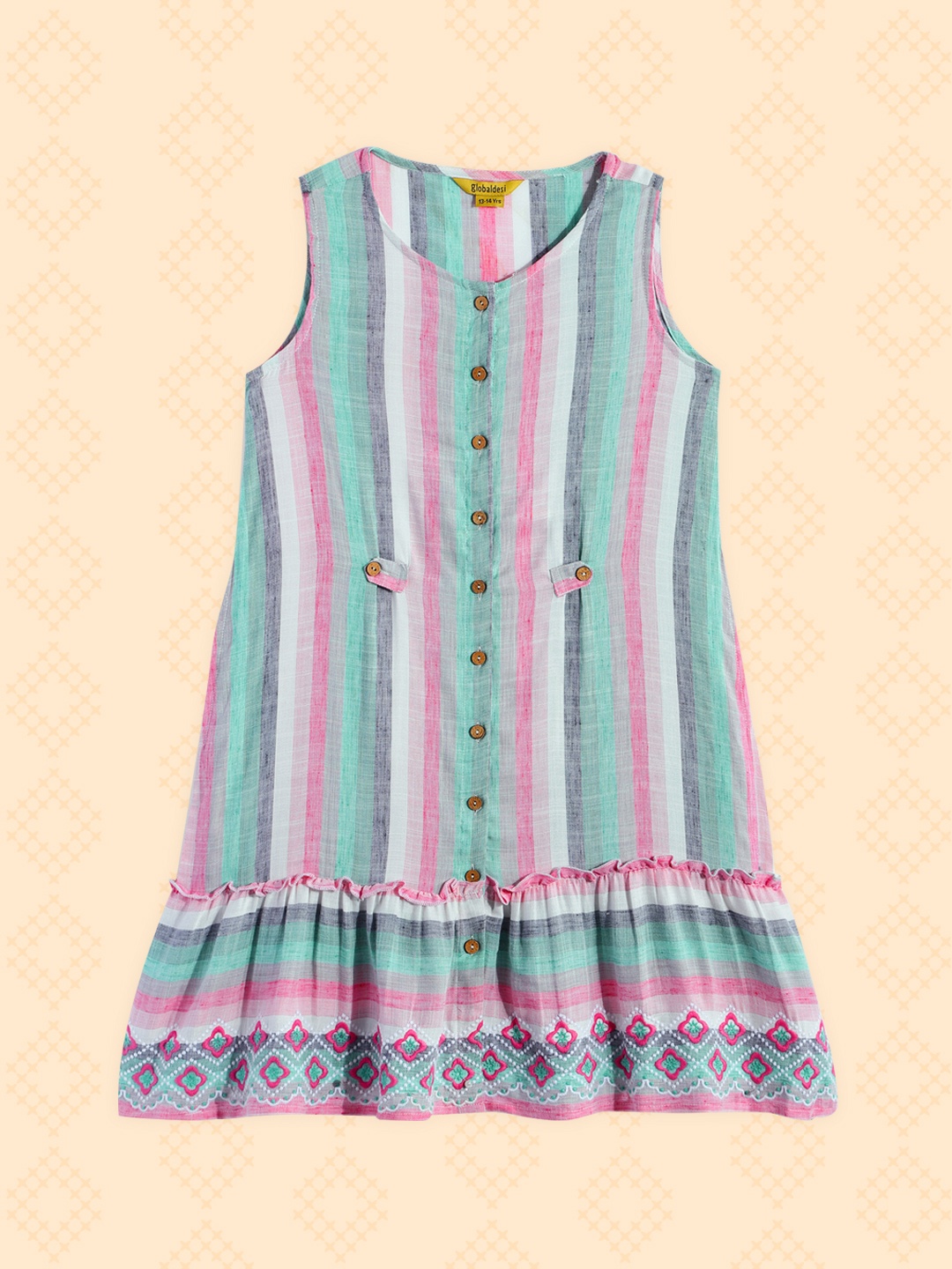 

Global Desi Multicoloured Striped Pure Cotton A-Line Dress, Pink