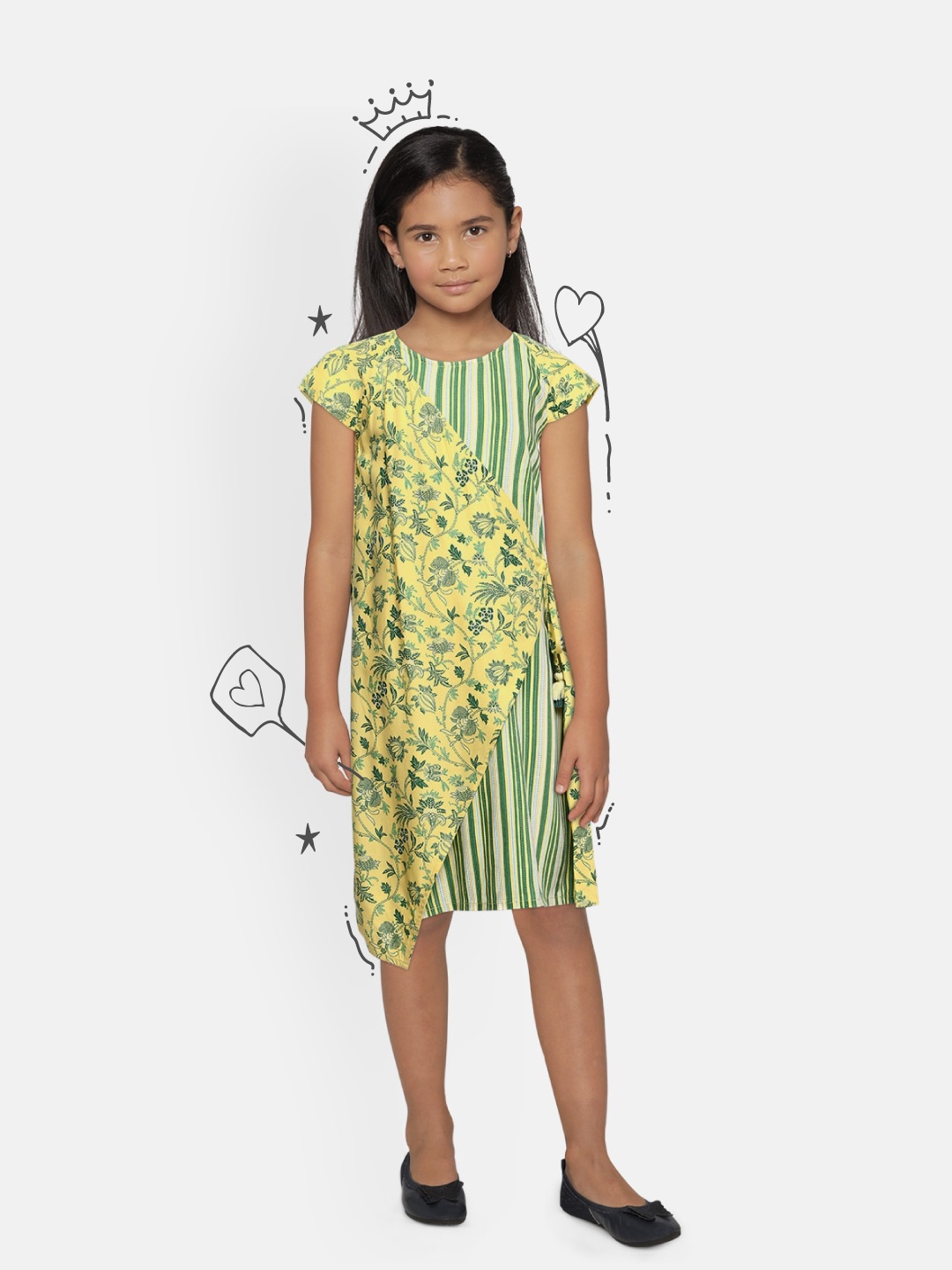 

Global Desi Girls Yellow & Green Printed A-Line Dress
