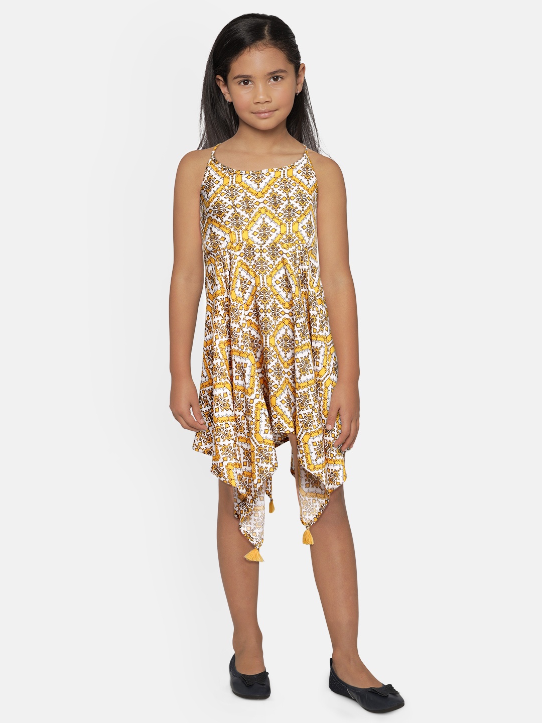 

Global Desi Girls Yellow Printed Fit and Flare Dress