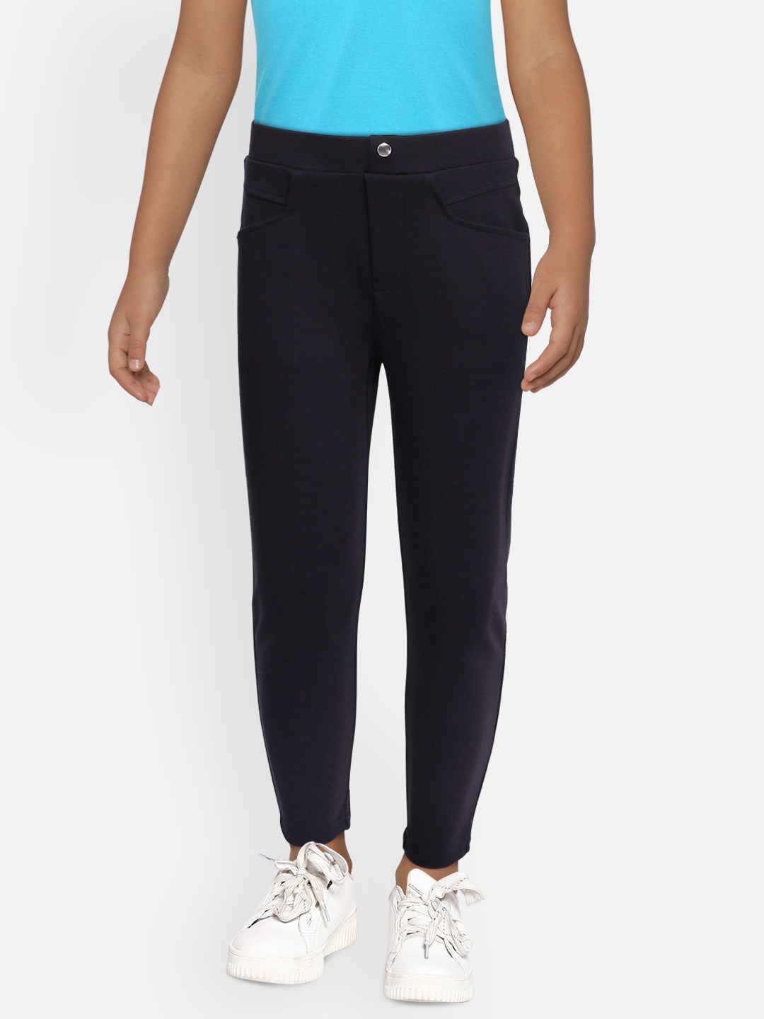 

Global Desi Girls Navy Blue Solid Regular Trousers