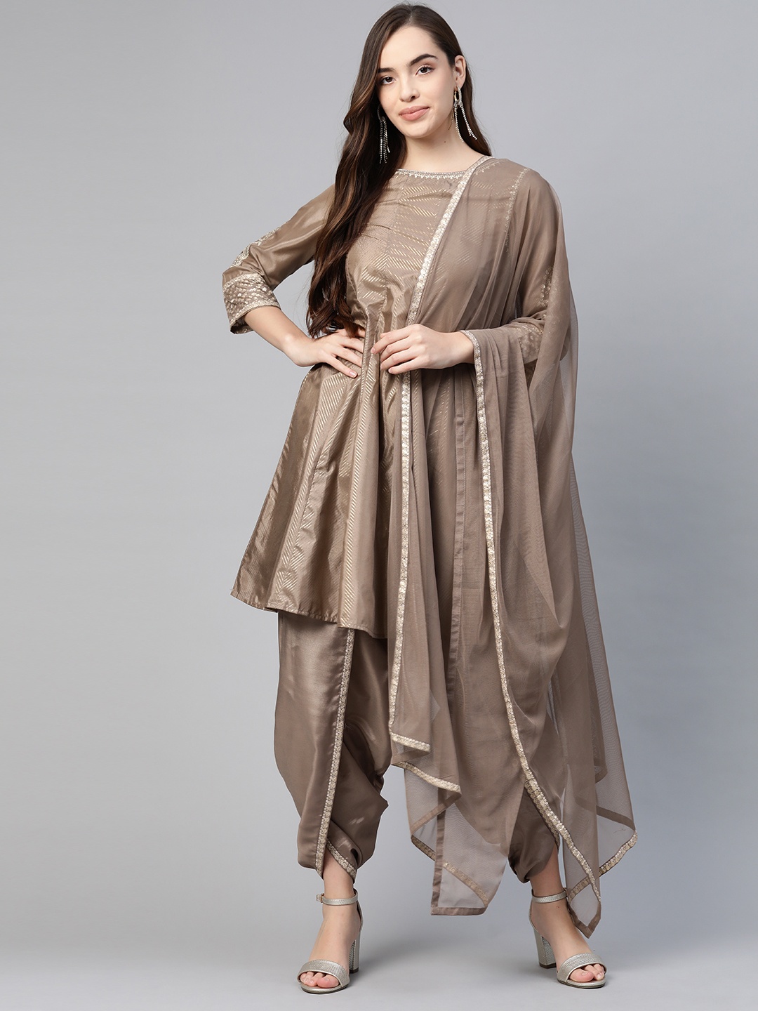 

W Women Brown Striped Panelled Sequinned Kurta with Dhoti Pants & Dupatta