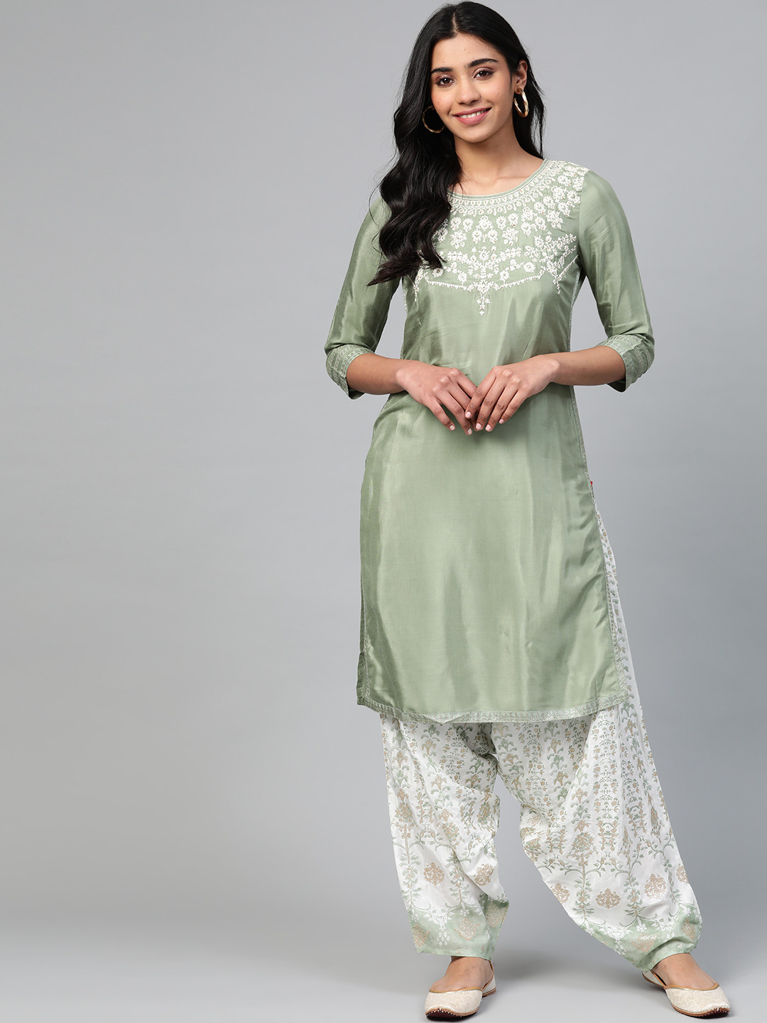 

W Women Green & White Embroidered Kurta with Salwar