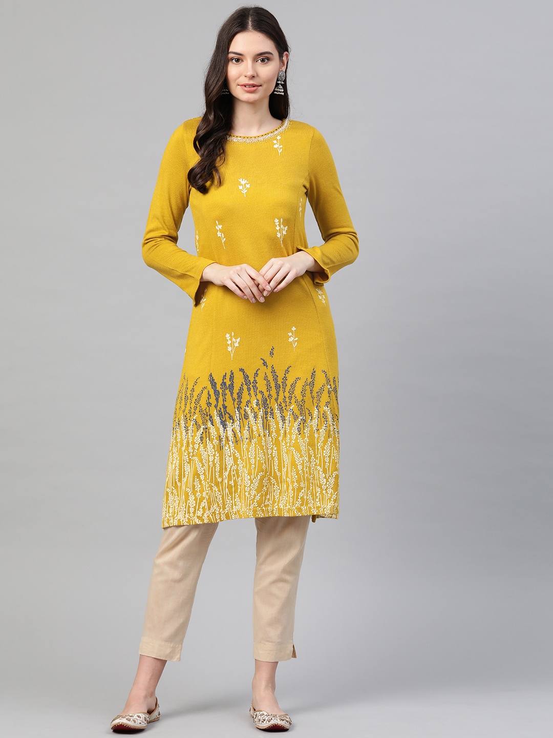 

W Women Mustard Yellow Printed A-Line Acrylic Winter Kurta