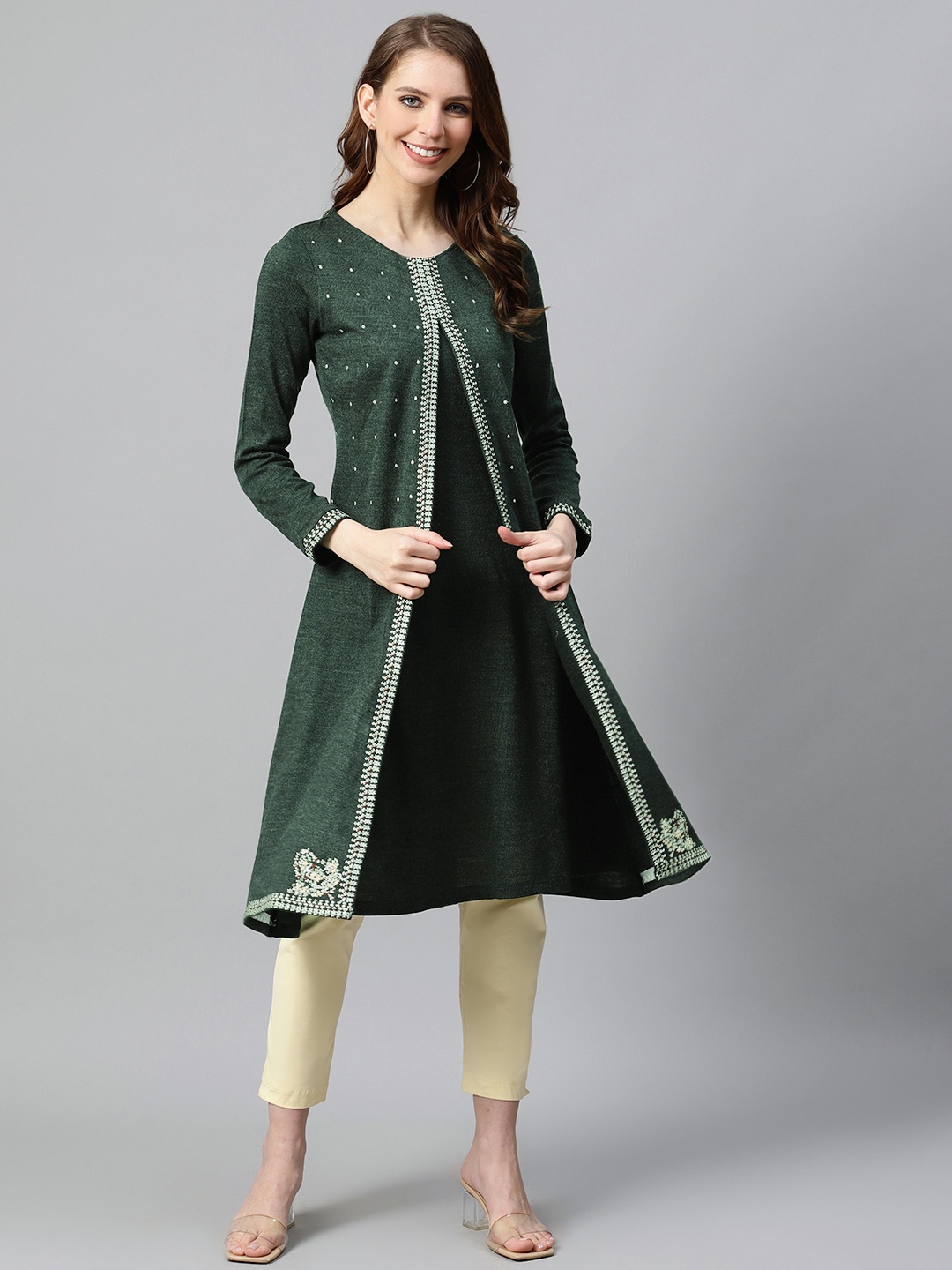 

W Women Olive Green Geometric Embroidered Layered A-Line Winter Kurta, Charcoal