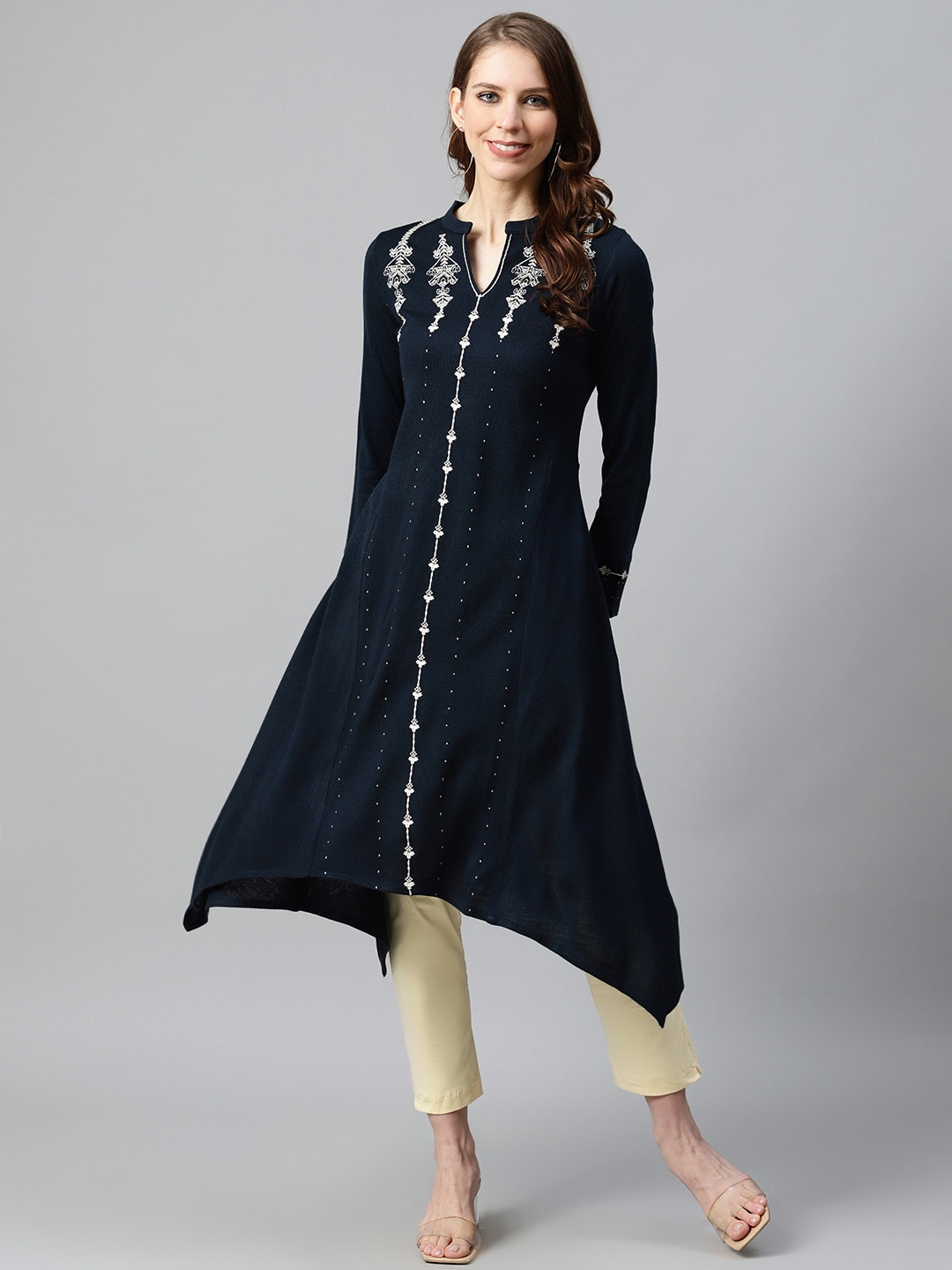 

W Women Navy Blue Ethnic Motifs Embroidered A-Line Winter Kurta