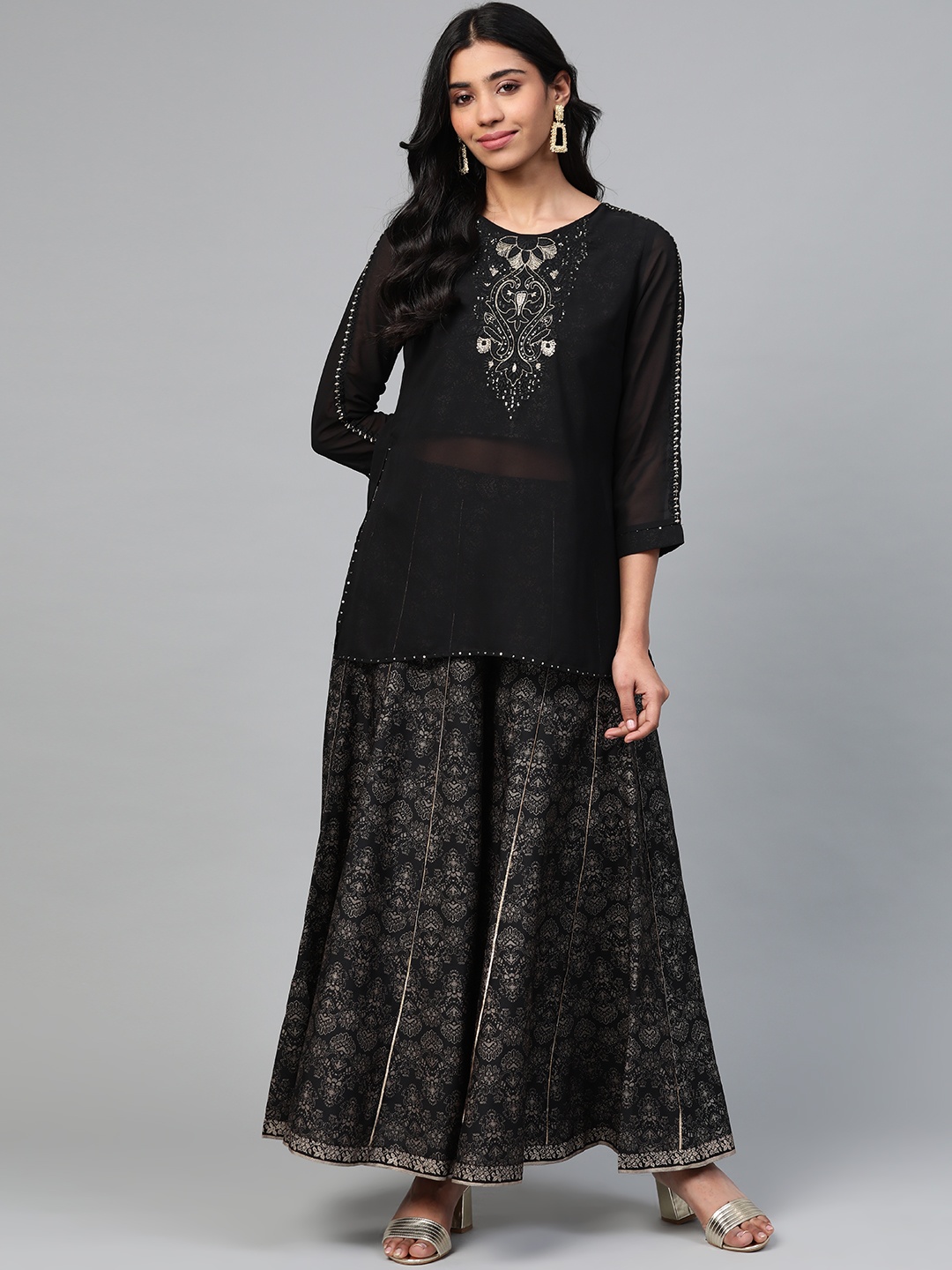 

W Women Black & Golden Yoke Design Kurti with Palazzos