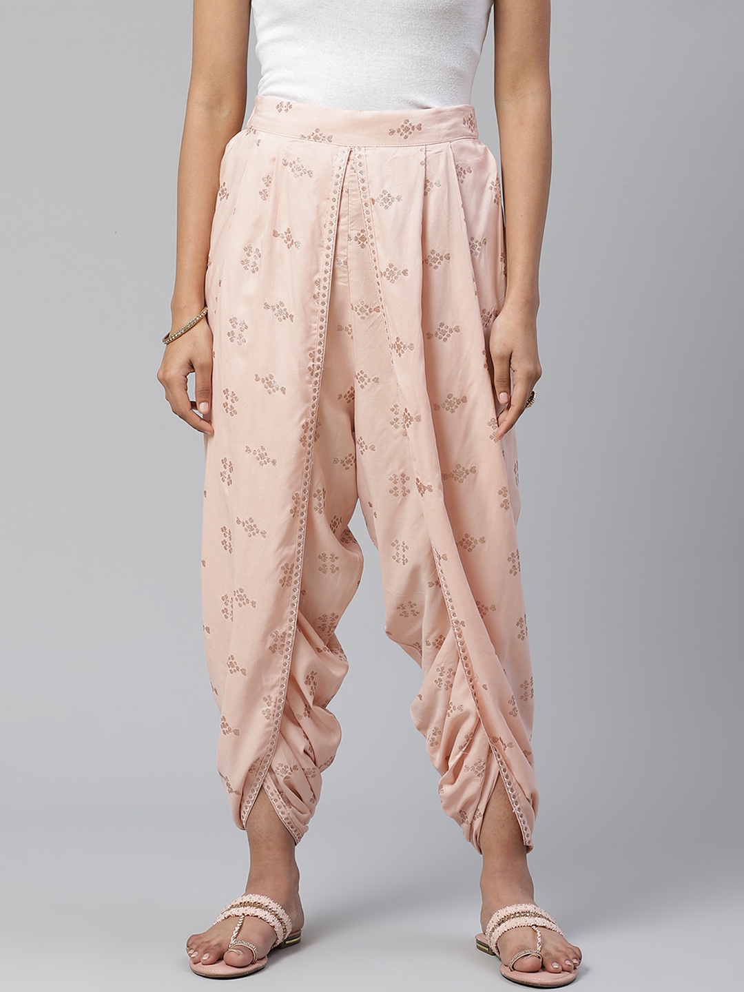 

W Women Peach-Coloured & Golden Printed Dhoti Pants