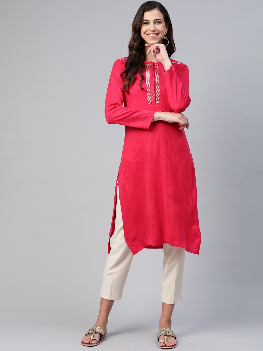 

W Women Pink Solid Kurta With Thread Work