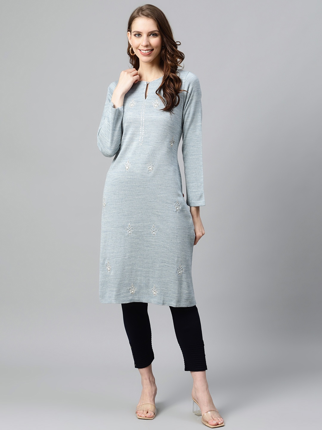 

W Women Blue Ethnic Motifs Embroidered Keyhole Neck Winter Kurta