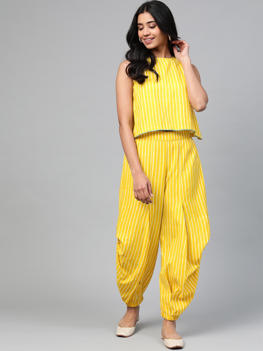 

W Women Yellow & Off-White Striped Top with Dhoti Pants
