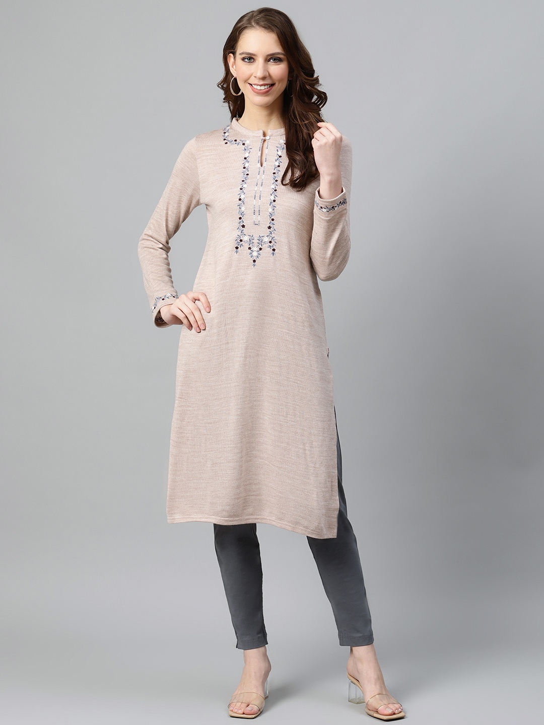 

W Women Beige Yoke Design Straight Winter Kurta