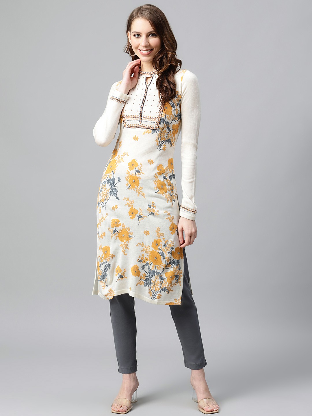 

W Women Off White & Orange Floral Print Keyhole Neck Thread Work Winter Kurta