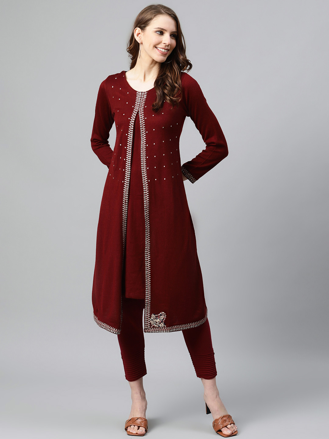 

W Women Maroon & Golden Ethnic Motifs Embroidered Layered Asymmetric Winter Kurta